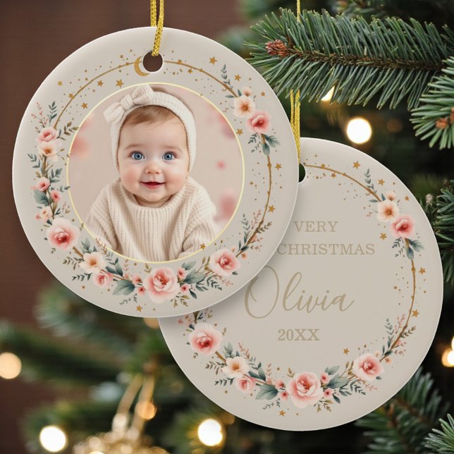 Ornamento De Cerâmica Elegant Celestial 1st Baby First Christmas  (Criador carregado)