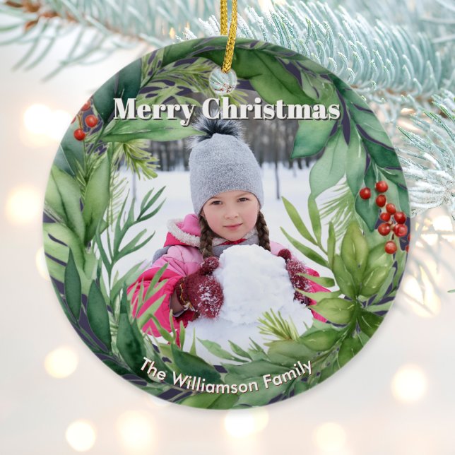 Ornamento De Cerâmica Elegant Christmas Greenery Custom Photo (A Christmas ornament with watercolor-style greenery, custom name and photo(s))