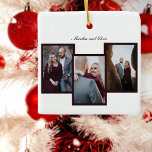 Ornamento De Cerâmica Elegant Engaged Married Script 3 Photo Collage Red<br><div class="desc">Elegant New Year's 3 photo collage Christmas ornament. Features red frame for photos. Designed for newly engaged couples or married couple,  but can be used by families as well.</div>