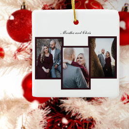 Ornamento De Cerâmica Elegant Engaged Married Script 3 Photo Collage Red