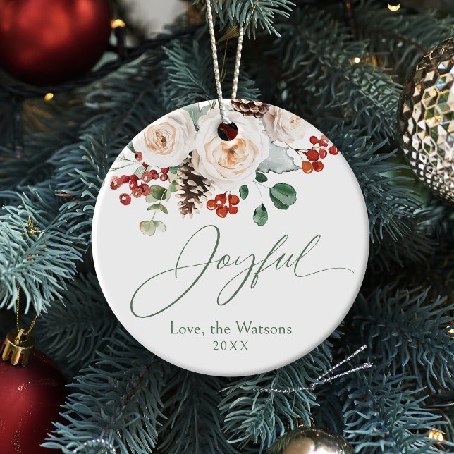 Ornamento De Cerâmica Elegant Festive Floral Joyful Family Christmas (Elegant Festive Floral Joyful Family Christmas Ceramic Ornament)