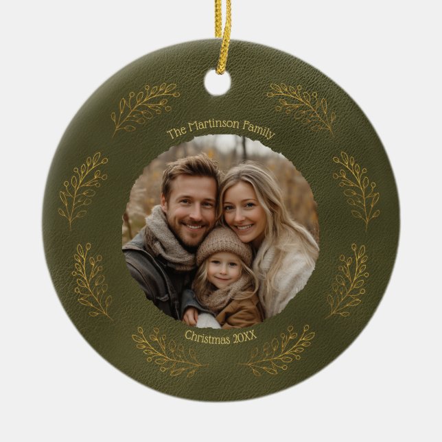 Ornamento De Cerâmica Elegant Gold Branches Family Photo Christmas  (Frente)