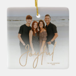 Ornamento De Cerâmica Elegant Gold JOYFUL Script Photo Christmas