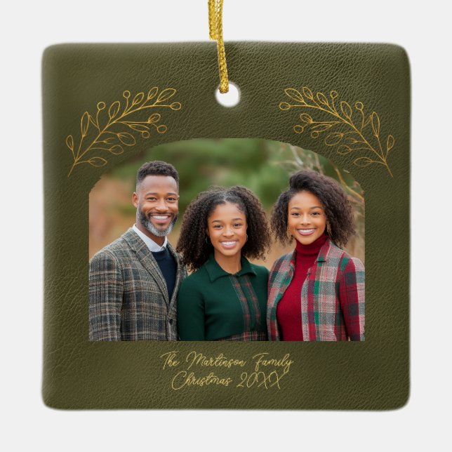 Ornamento De Cerâmica Elegant Golden Branches Arch Photo Green (Frente)