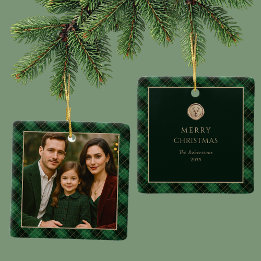 Ornamento De Cerâmica Elegant Green Plaid Personalized Photo 