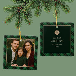 Ornamento De Cerâmica Elegant Green Plaid Personalized Photo 