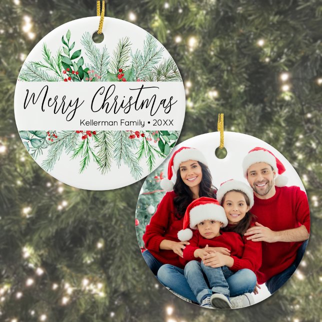 Ornamento De Cerâmica Elegant Greenery Photo Christmas (Elegant Bontanical Greenery Photo Merry Christmas Ceramic Ornament)