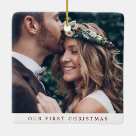 Ornamento De Cerâmica Elegant Married & Merry Newlywed Photo Christmas