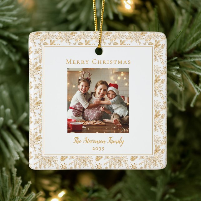 Ornamento De Cerâmica Elegant Merry Christmas White Faux Gold Photo (Criador carregado)