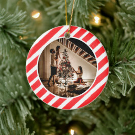 Ornamento De Cerâmica Elegant Modern Red Stripes Christmas Family Photo