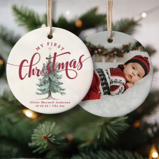 Ornamento De Cerâmica Elegant My First Christmas Tree Script Baby Photo 