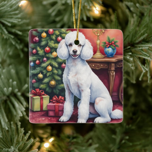 Ornamento De Cerâmica Elegant Poodle Beside Christmas Tree Holiday Dog  (Árvore)