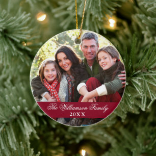 Ornamento De Cerâmica Elegant Script 2 Sided Photo Christmas Burgundy