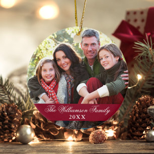 Ornamento De Cerâmica Elegant Script 2 Sided Photo Christmas Burgundy