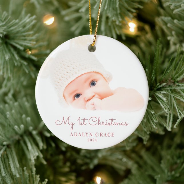 Ornamento De Cerâmica Elegant Script Baby's First Christmas Photo Cerami (Árvore)
