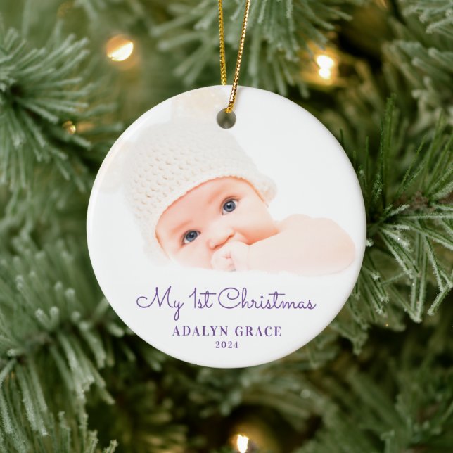 Ornamento De Cerâmica Elegant Script Baby's First Christmas Photo Cerami (Árvore)