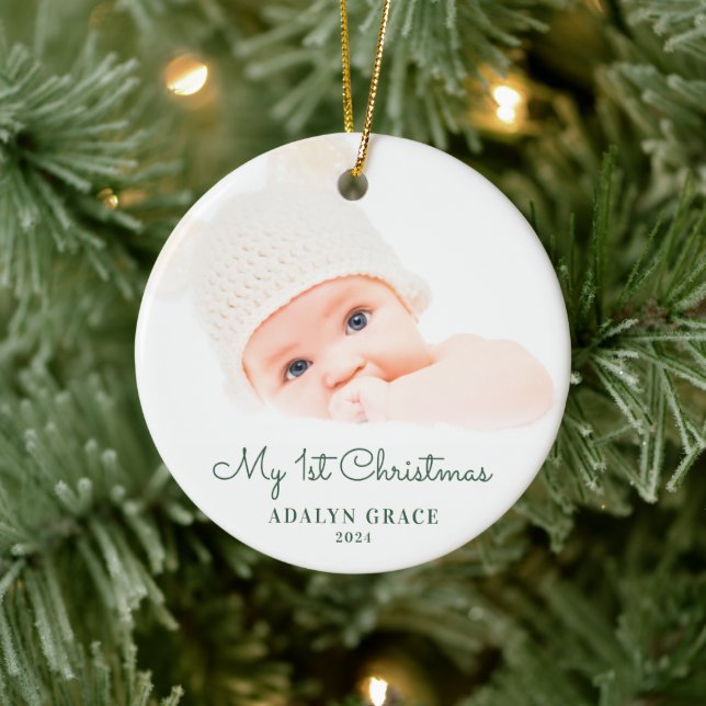 Ornamento De Cerâmica Elegant Script Baby's First Christmas Photo Cerami (Árvore)