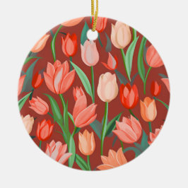 Ornamento De Cerâmica Elegant Tulip Floral Pattern – Red & Peach Spring 
