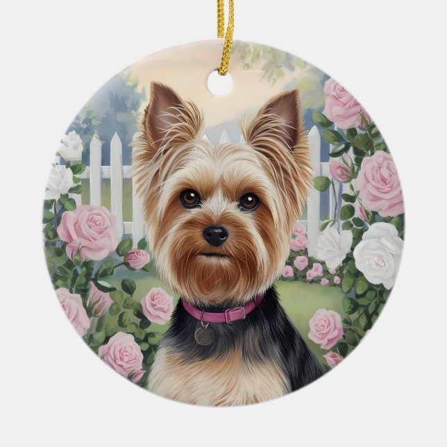Ornamento De Cerâmica Elegant Yorkshire Terrier Rosa Garden Painting (Frente)