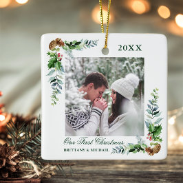 Ornamento De Cerâmica Elegante Aquarela Pine Casal Primeiro Natal