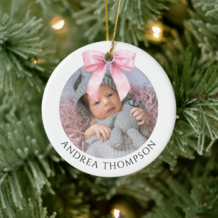 Ornamento De Cerâmica Elegante Arco Rosa Bebê Primeiro Natal Foto