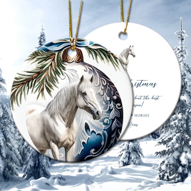 Ornamento De Cerâmica Elegante azul-natalino equestre branco (Elegant blue Christmas white horse equestrian Ceramic Ornament)
