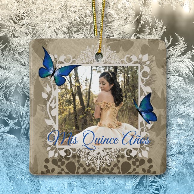Ornamento De Cerâmica Elegante Blue Butterfly Quinceanera Foto de Natal (royal blue mis quince anos keepsake christmas ornament elegant blue quinceanera )