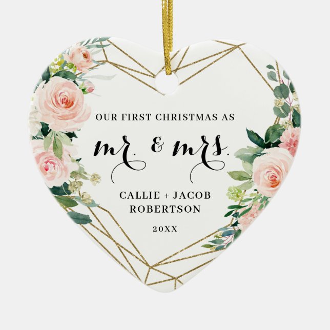 Ornamento De Cerâmica Elegante Blush Floral Geométrico Primeiro Natal (Frente)