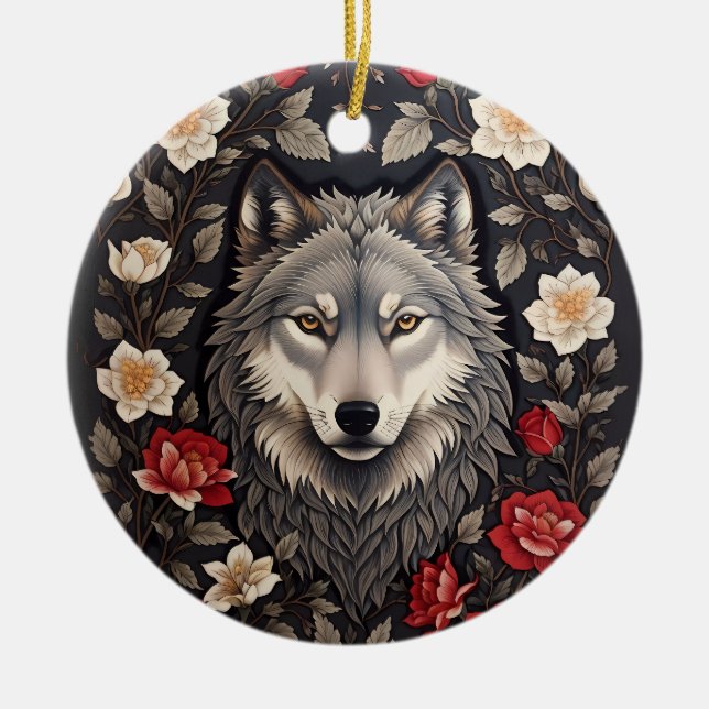 Ornamento De Cerâmica Elegante Cinza Wolf Floral (Frente)