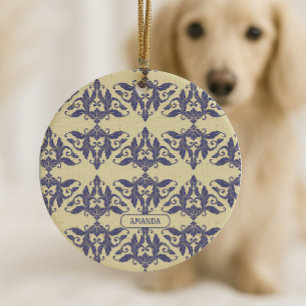 Ornamento De Cerâmica Elegante damasco vintage azul naval monograma amar