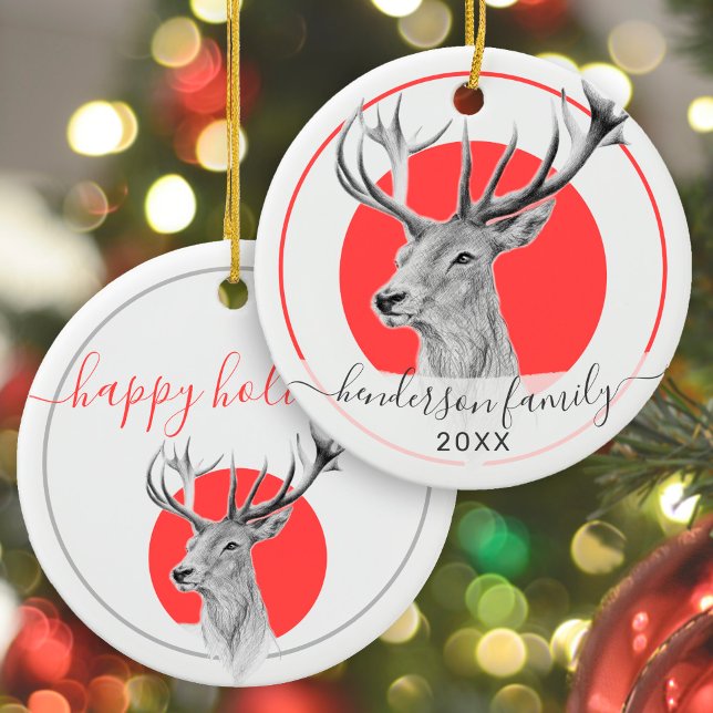 Ornamento De Cerâmica Elegante Deer Art Red Natal Personalizado (Criador carregado)