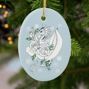 Ornamento De Cerâmica Elegante Dragão de Gelo Branco Rosas Azuis Fantasi