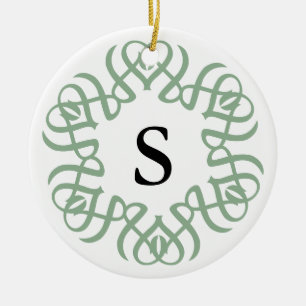Ornamento De Cerâmica Elegante Família de Monograma Floral Verde Sálvia