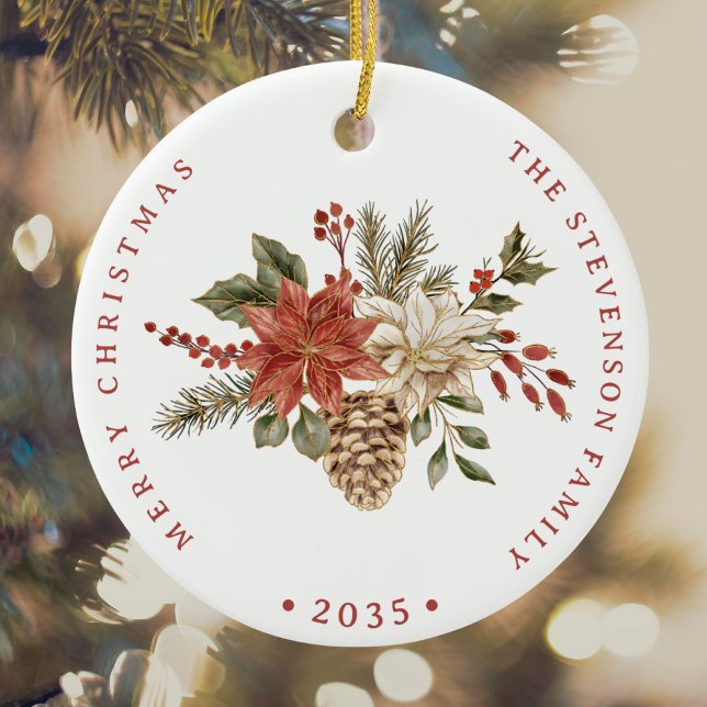 Ornamento De Cerâmica Elegante Feriado Vermelho Dourado Poinsettia (Criador carregado)