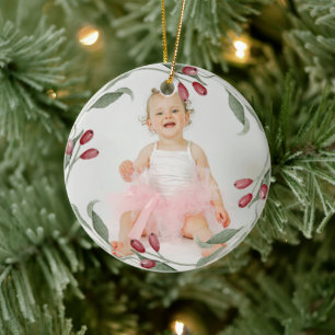 Ornamento De Cerâmica Elegante Foto de Bebê Primeiro Natal Coroa