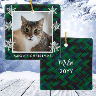 Ornamento De Cerâmica Elegante Foto de Gato Xadrez Verde Natal Meowy