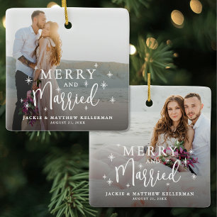 Ornamento De Cerâmica Elegante Foto de Natal Casados e Felizes