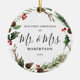 Ornamento De Cerâmica Elegante Greenery de Natal Sr. & Sra.
