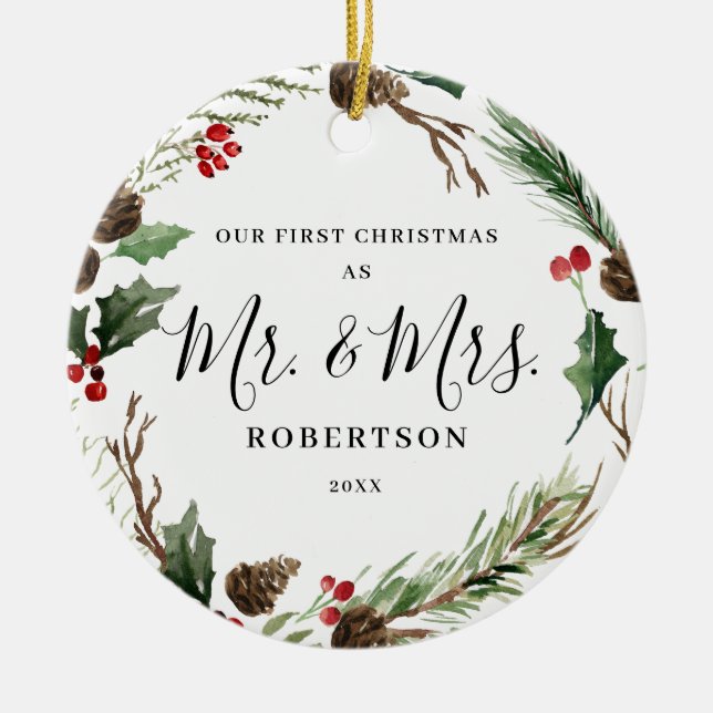 Ornamento De Cerâmica Elegante Greenery de Natal Sr. & Sra. (Frente)