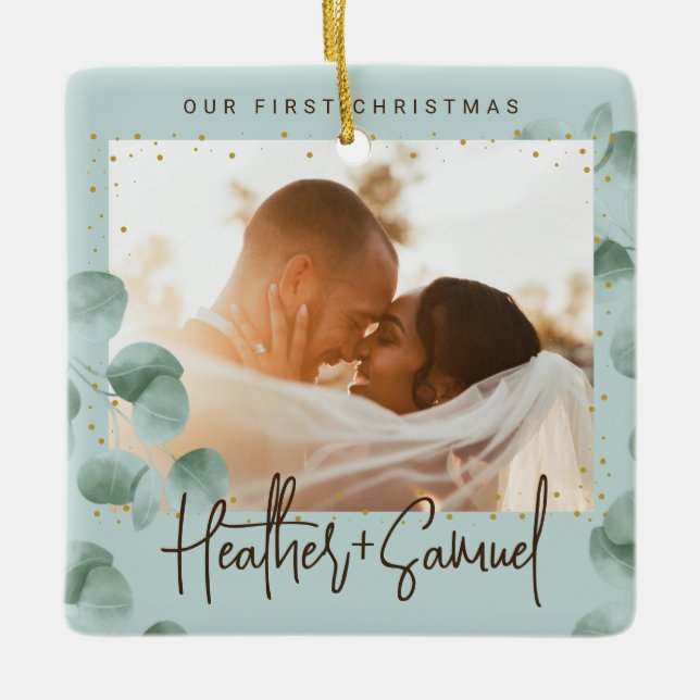 Ornamento De Cerâmica Elegante Greenery Feliz e Foto casada (Frente)