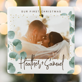 Ornamento De Cerâmica Elegante Greenery Feliz e Foto casada