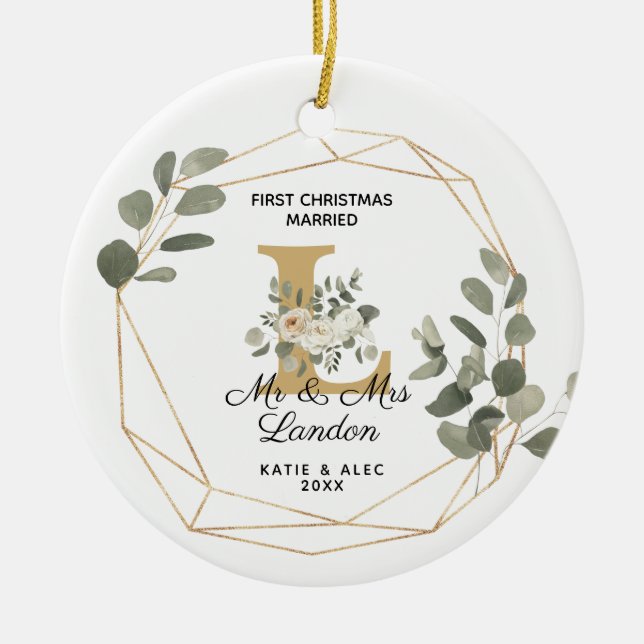 Ornamento De Cerâmica Elegante Greenery Inicial 1rua de Natal Casado (Frente)