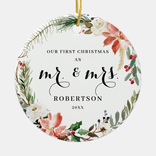 Ornamento De Cerâmica Elegante Greenery Poinsettia Primeiro Natal (Frente)
