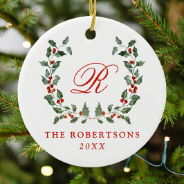 Ornamento De Cerâmica Elegante Holly Berry Wreath Monograma