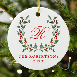 Ornamento De Cerâmica Elegante Holly Berry Wreath Monograma