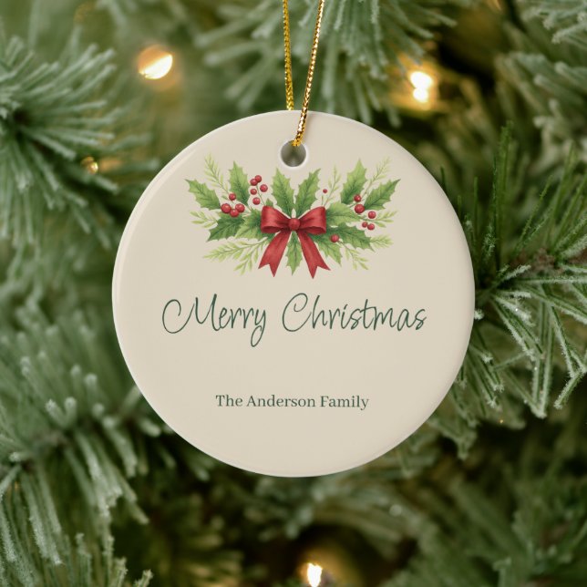 Ornamento De Cerâmica Elegante Holly e Arco Vermelho Natal - (Árvore)