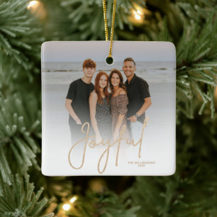 Ornamento De Cerâmica Elegante JOYFUL Script Foto Natal Ouro