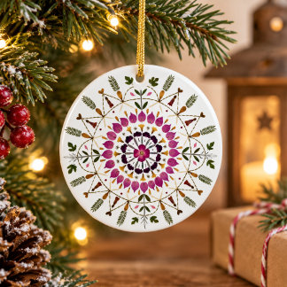 Ornamento De Cerâmica Elegante Mandala de Flores Botânicas Prensadas de