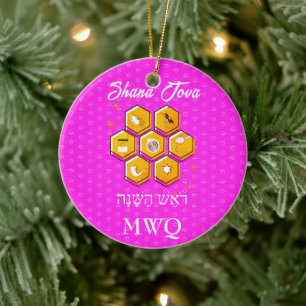 Ornamento De Cerâmica Elegante Monograma Rosa SHANA TOVA de Rosh Hashana