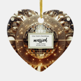 Ornamento De Cerâmica Elegante Natal Personalizado de Ouro Recém-Casados